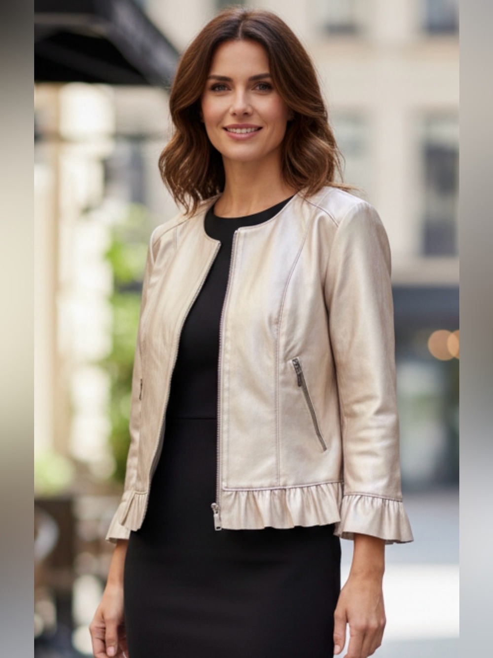 Amisu Metallic Champagne Faux Leather Ruffle-Hem Jacket
